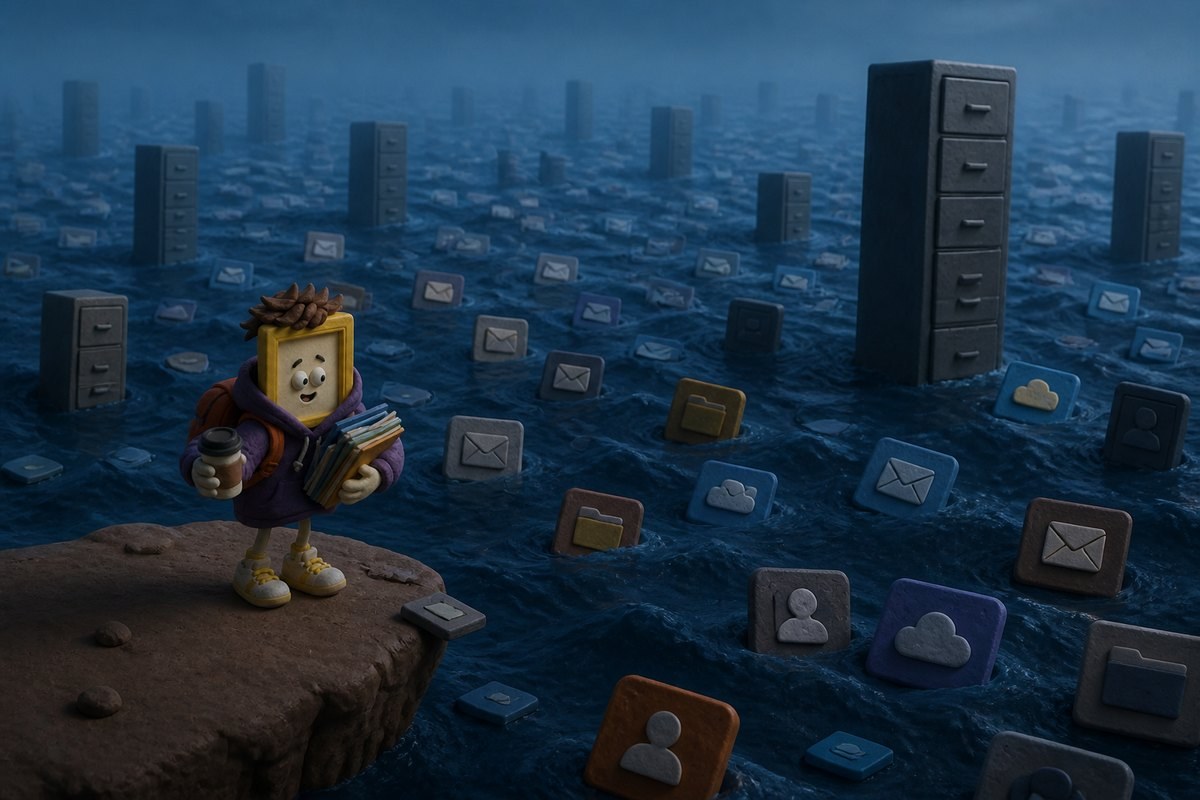 Sunny at the edge of an ocean of app cards