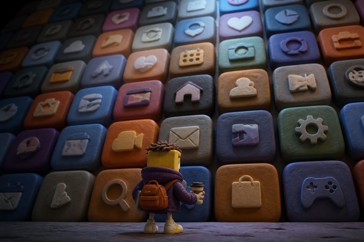Sunny dwarfed by a towering wall of app-icon squares