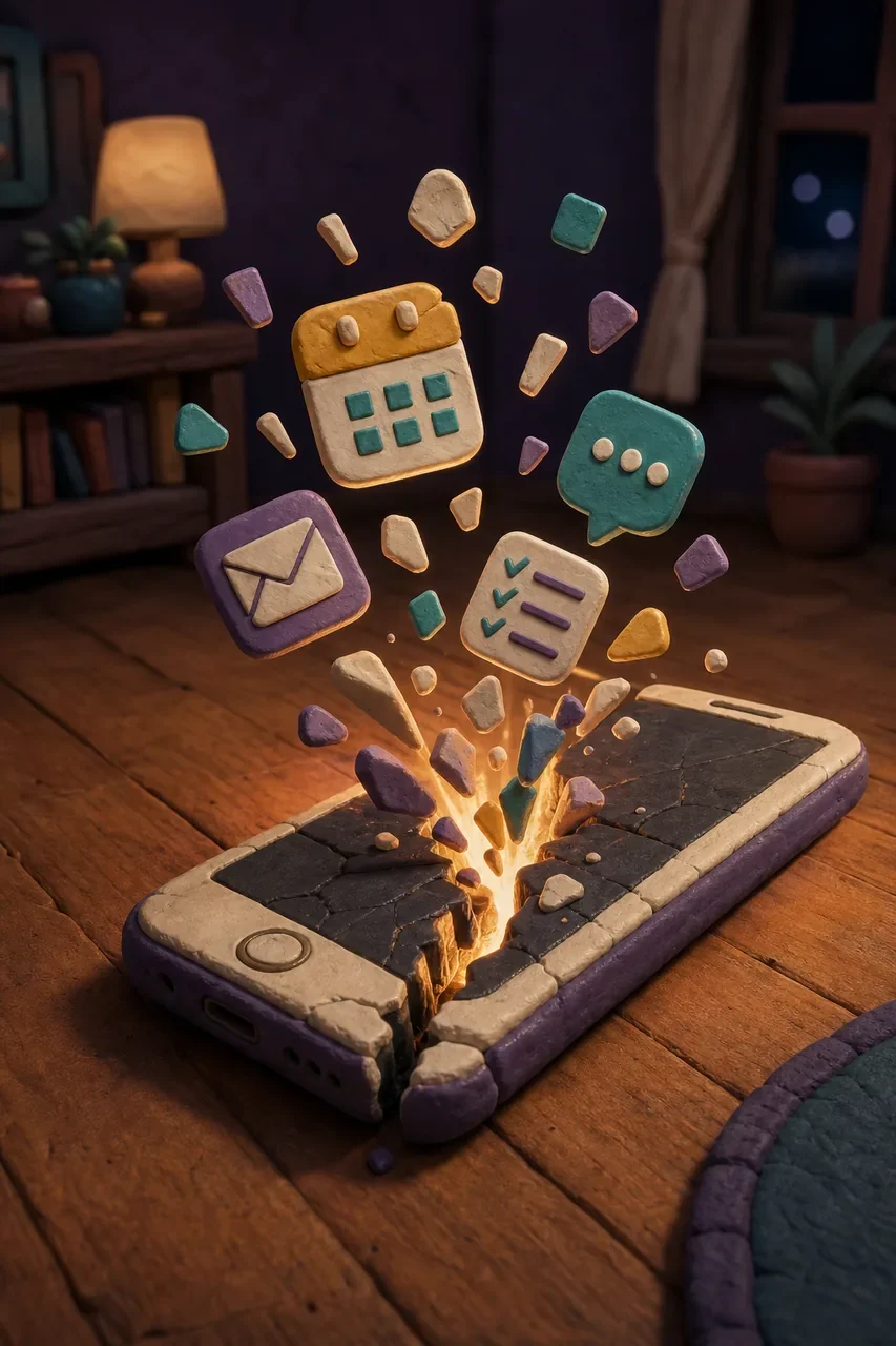 A cracked phone with app icons bursting out