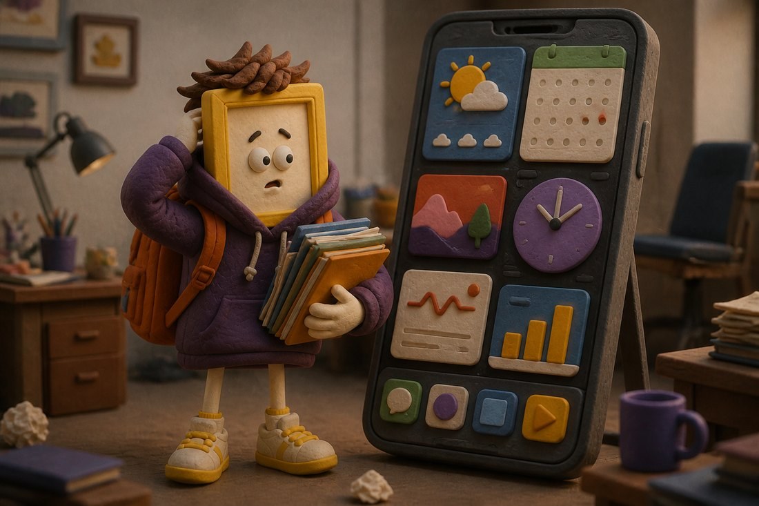 Sunny beside a phone covered in widgets