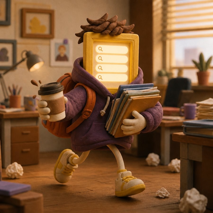 Sunny with search bars on his frame-screen face