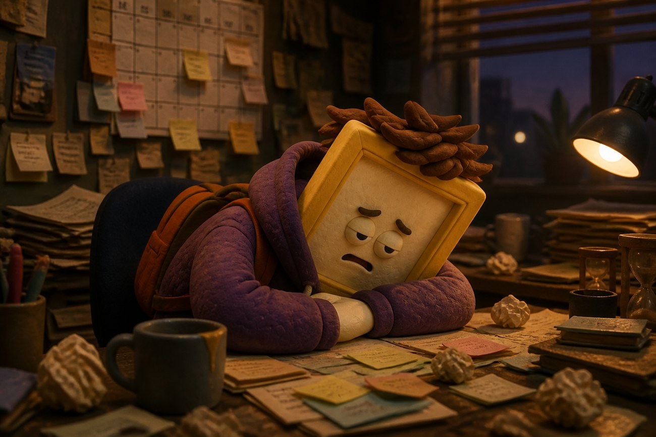Sunny exhausted at a cluttered desk at the end of the day