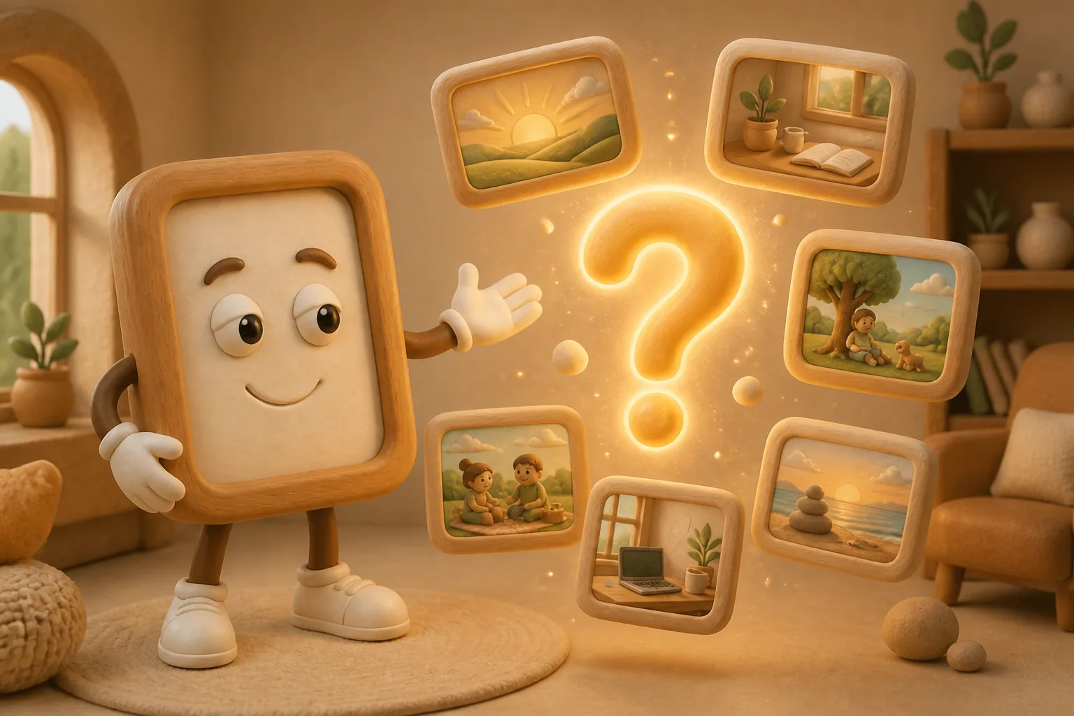 Framesy beside a question mark with little framed pictures coming out