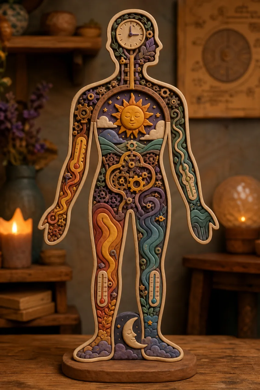 The body&rsquo;s own clockwork: a sun arcing through the chest.