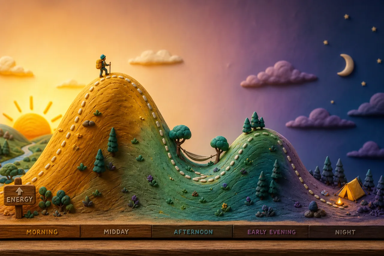 The daily energy curve, as hikeable terrain.