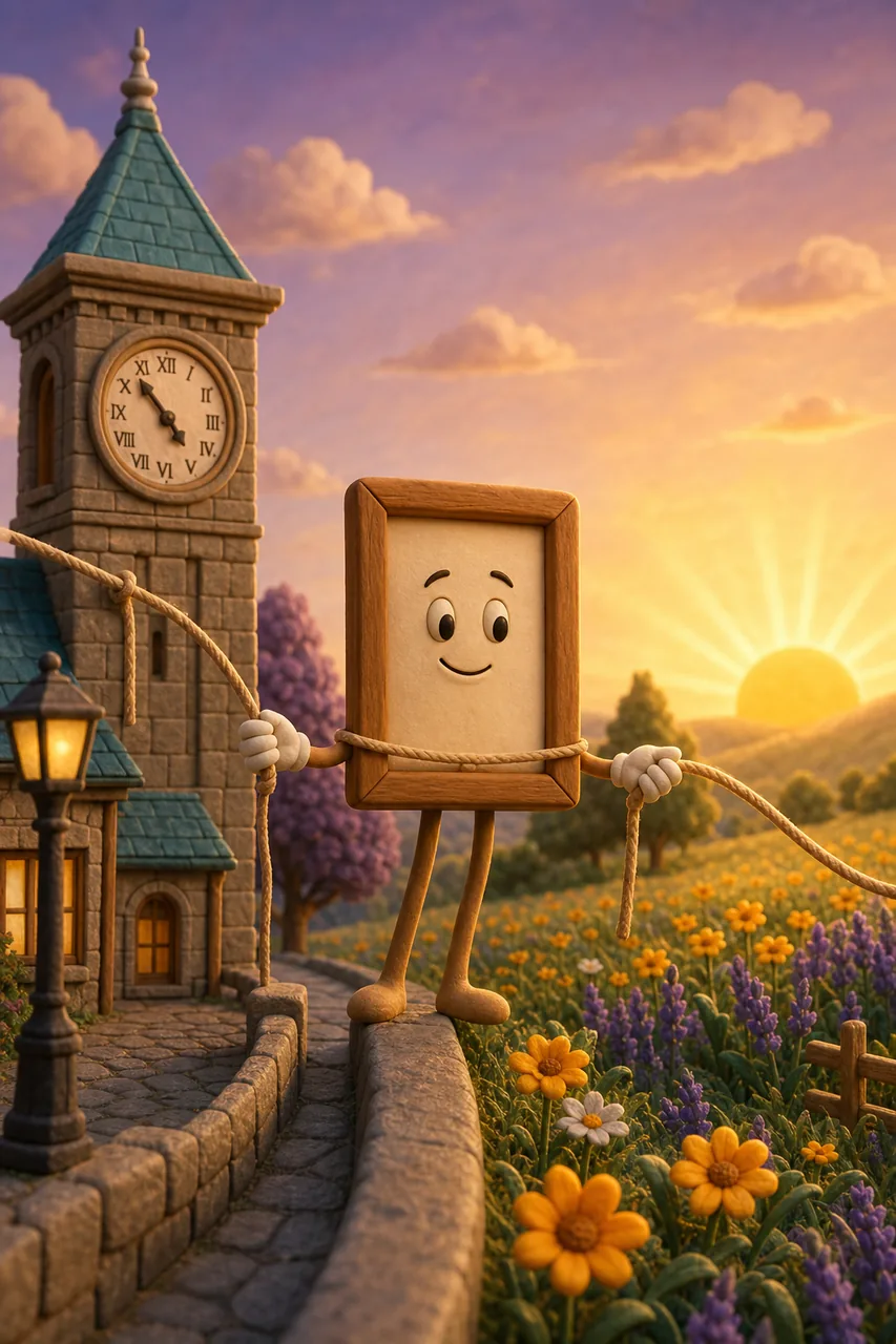 Held by both: the clock tower and the rising sun.