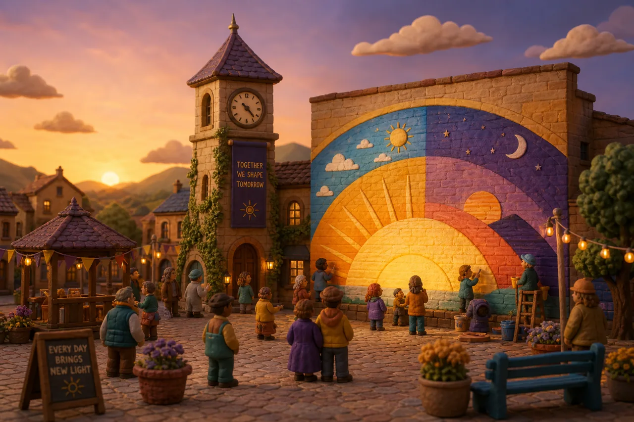 The town square, learning a second way to tell time.