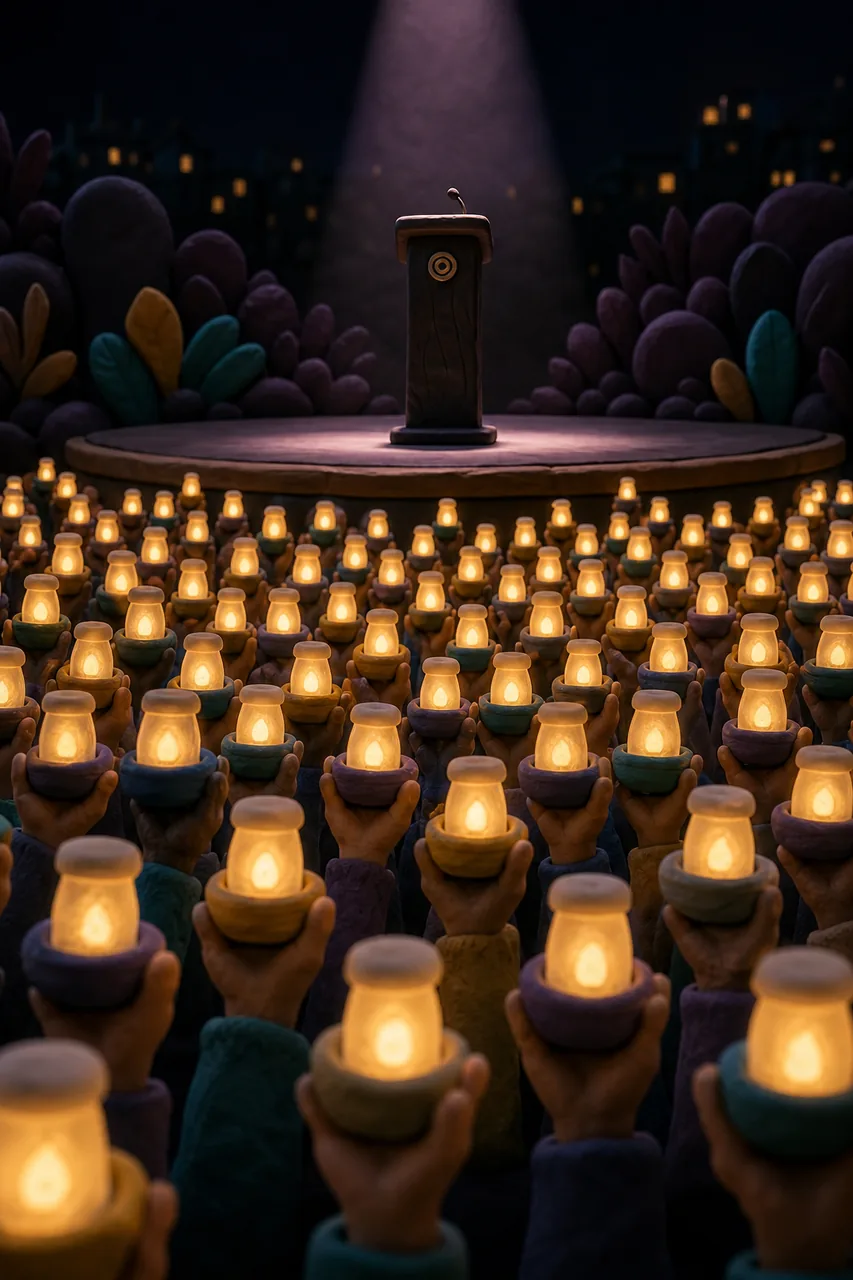 One fading spotlight, or a constellation of lanterns.