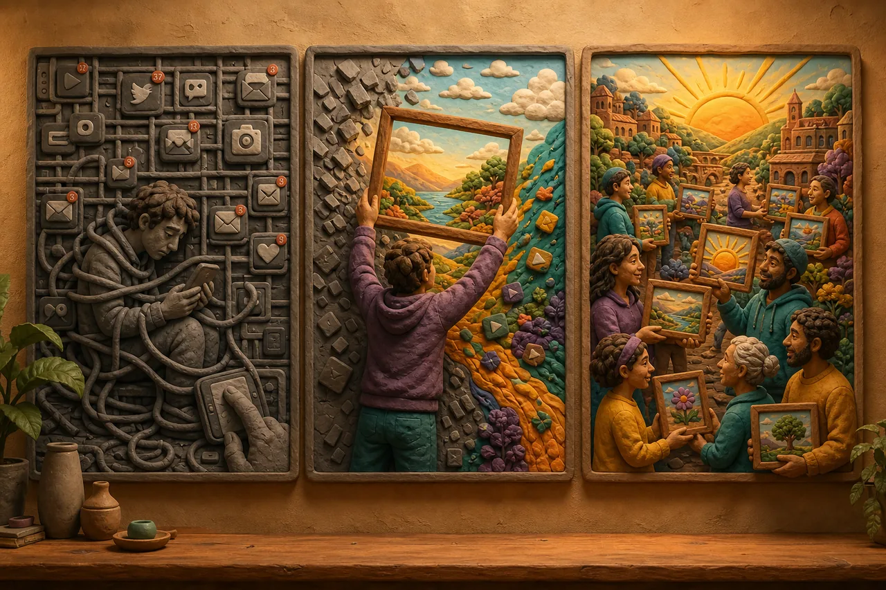 The whole journey: the grid, the frame, the village.