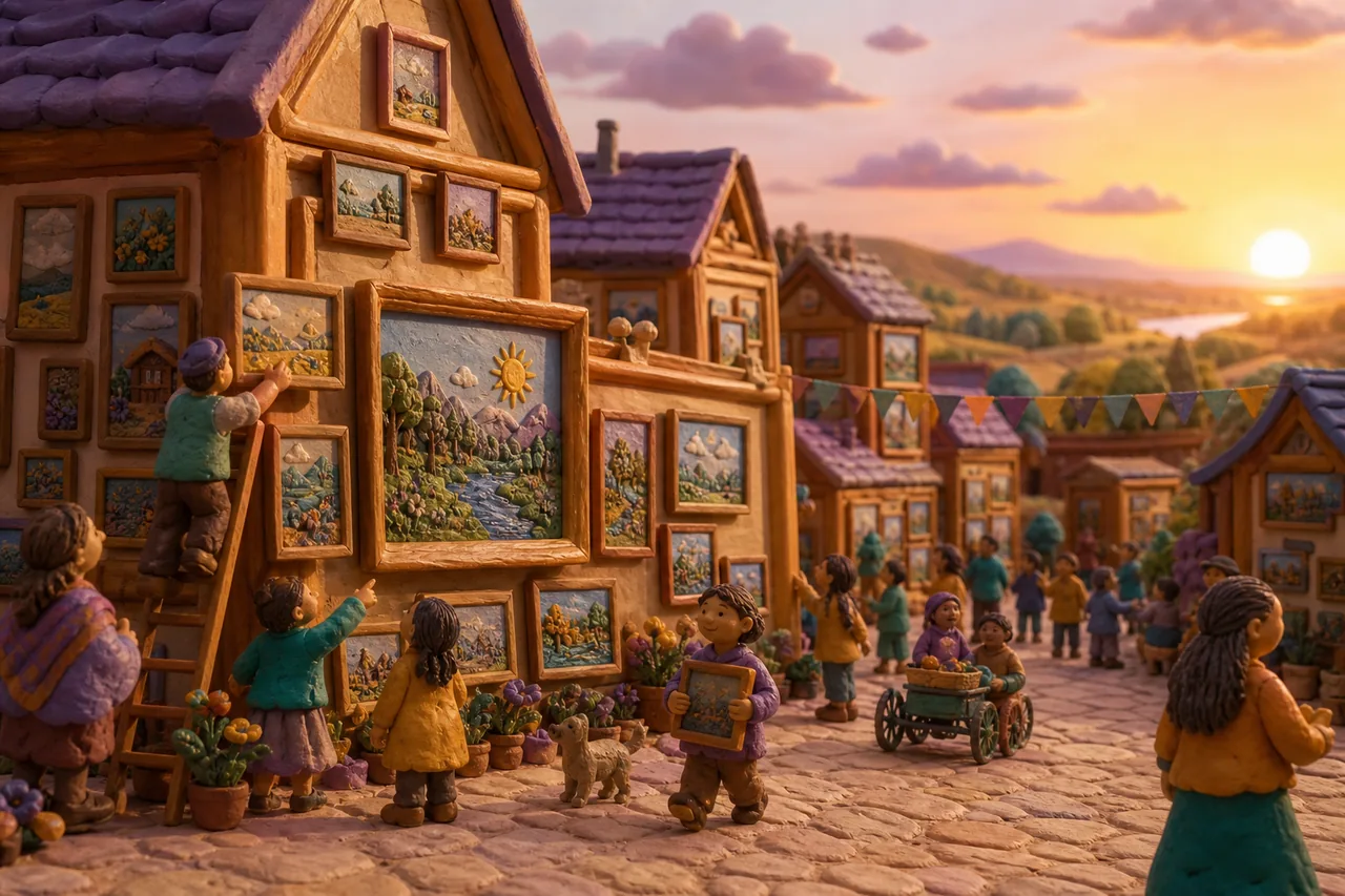 A village built of frames, day-scenes on shared walls.