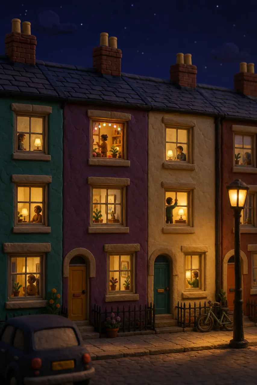 One window changes its light. The street begins to follow.