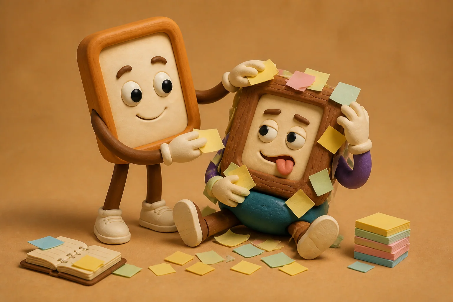 The lone Frame ends up buried; the connected one gets dug out. Framesy lives for this part, patiently peeling the sticky notes off the newest, most overwhelmed one of us.