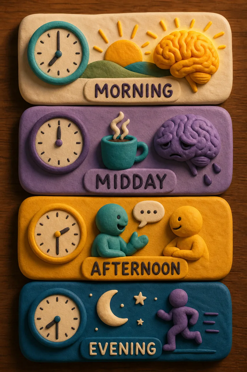 Morning, midday, afternoon, evening — the day as biology, not blocks.