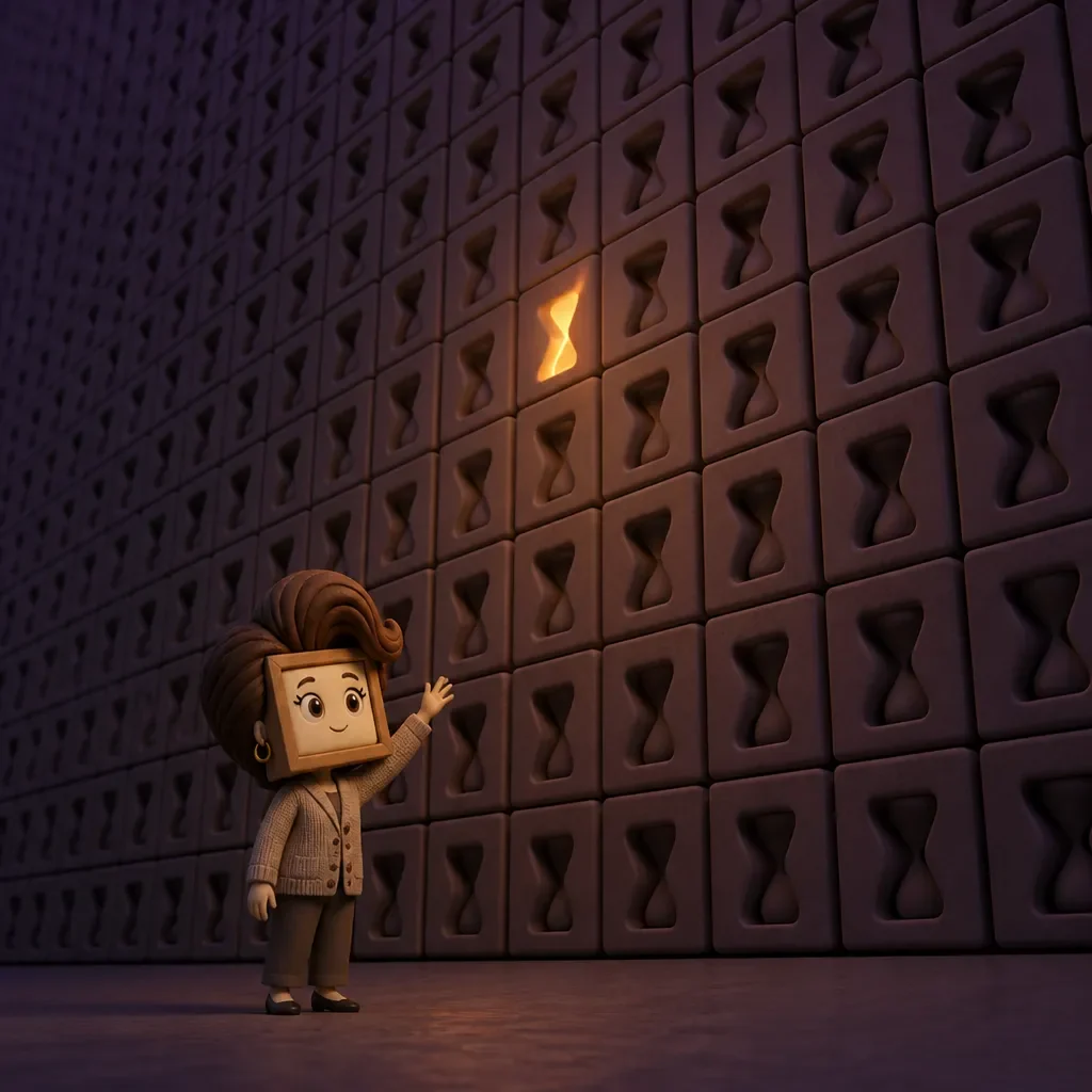 A wall of identical hours, and one that finally glows. Mira's been hunting for that one all week.