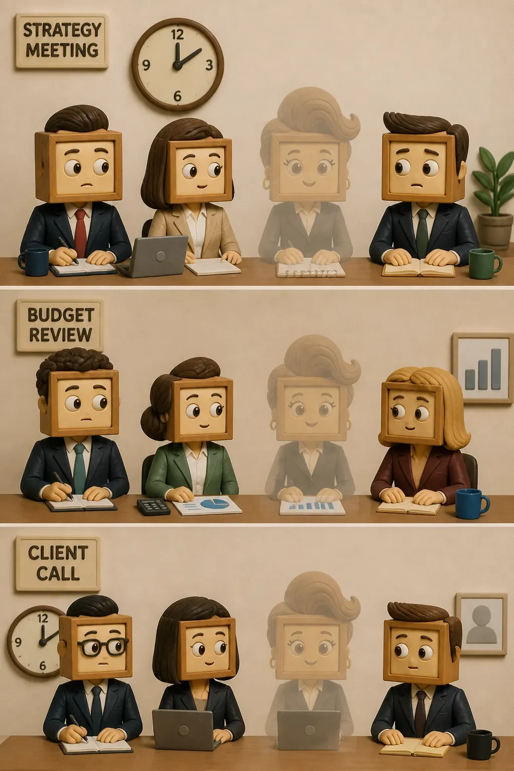 Three meetings, three half-Miras. None of them entirely in the room.
