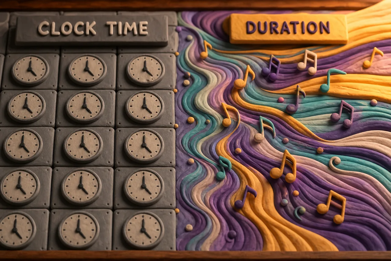 A grid of clocks meets a river of melody.