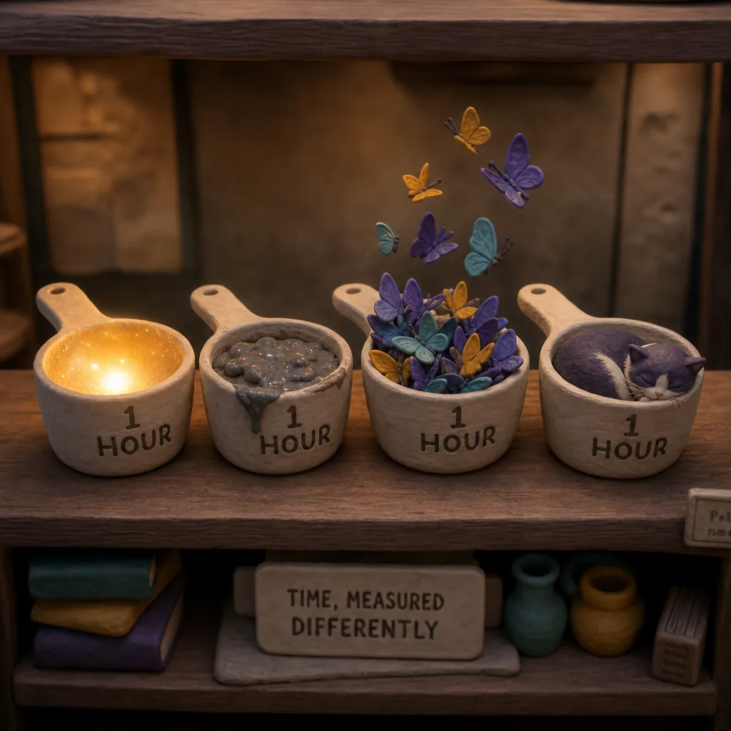 Four cups, all labeled &ldquo;1 hour.&rdquo; Light, sludge, butterflies, a sleeping cat.