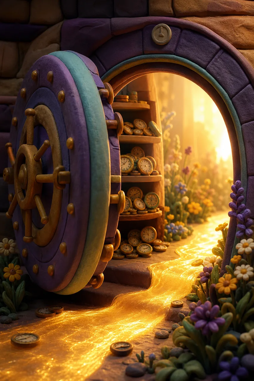 Hoarding clock-coins in the vault while the river flows past.