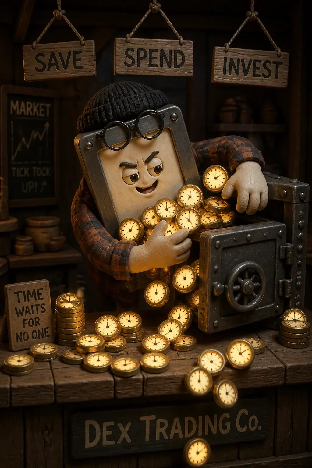 Save. Spend. Invest. Dex works the time market like a trader cornering a commodity. The commodity keeps evaporating.