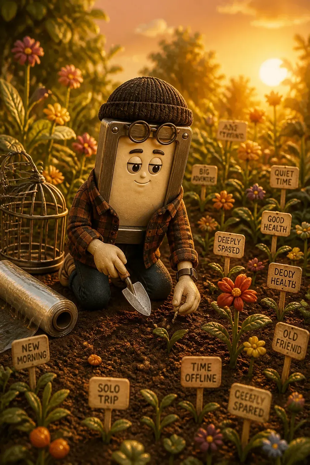 The possibility garden: every seed a different day. Even Dex puts down the cage and picks up a trowel.