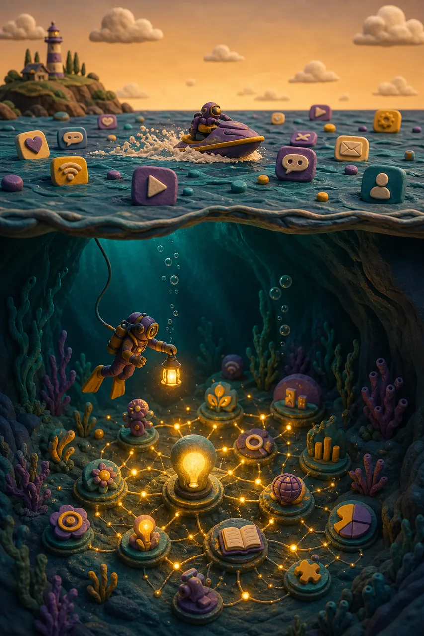 Skimming the surface, or diving for the glowing garden below.