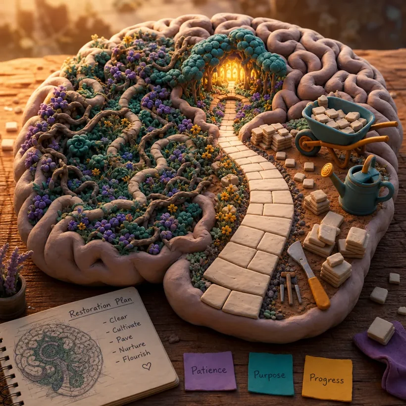 The brain garden, under restoration. Turns out the beds were never dead, just badly trampled.