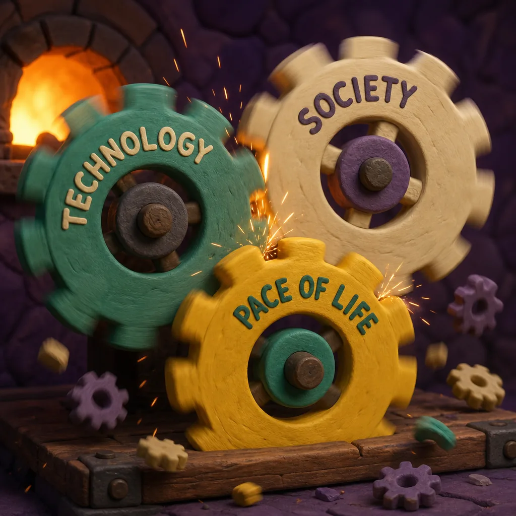 Technology, society, pace of life — three gears, each spinning the others faster.