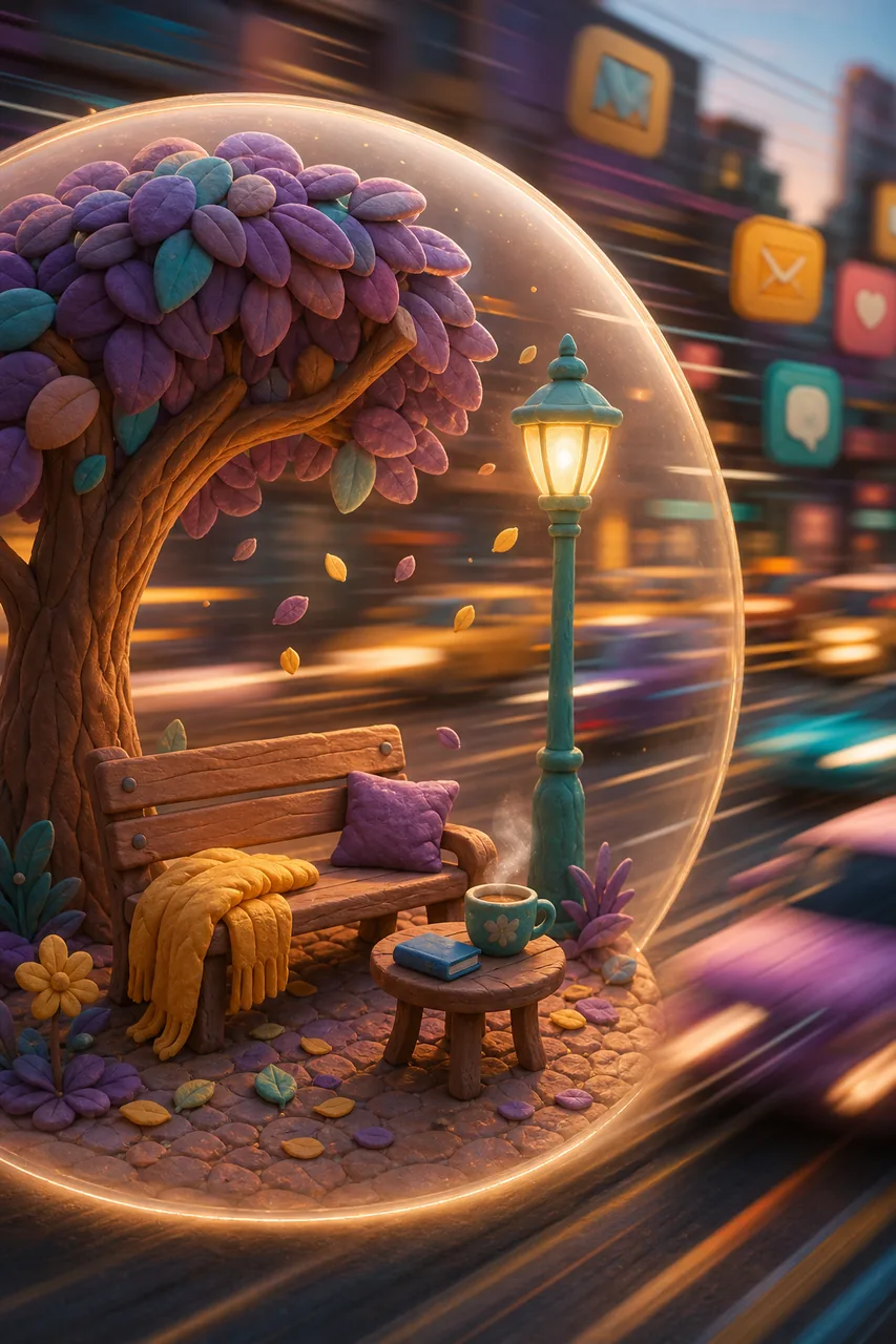 Inside the bubble: a bench, a tree, a teacup. Outside: the blur.