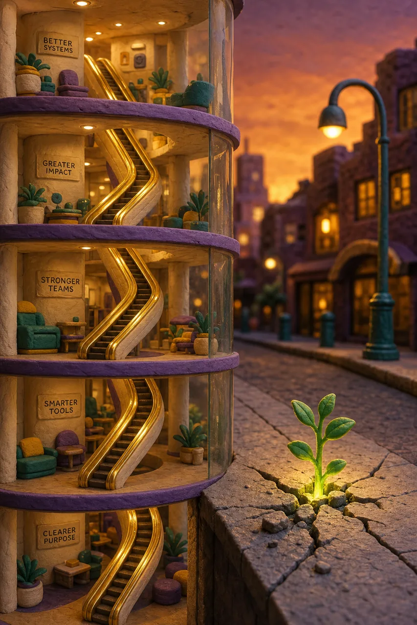 Inside: the polished escalator. Outside: the sapling cracking the pavement.