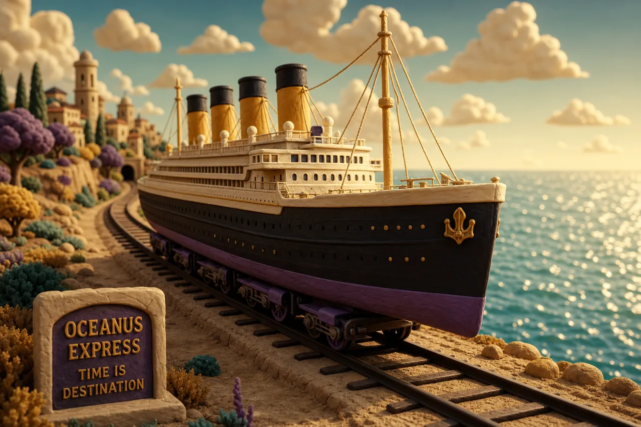 A magnificent ship — locked on rails, beside an open sea.