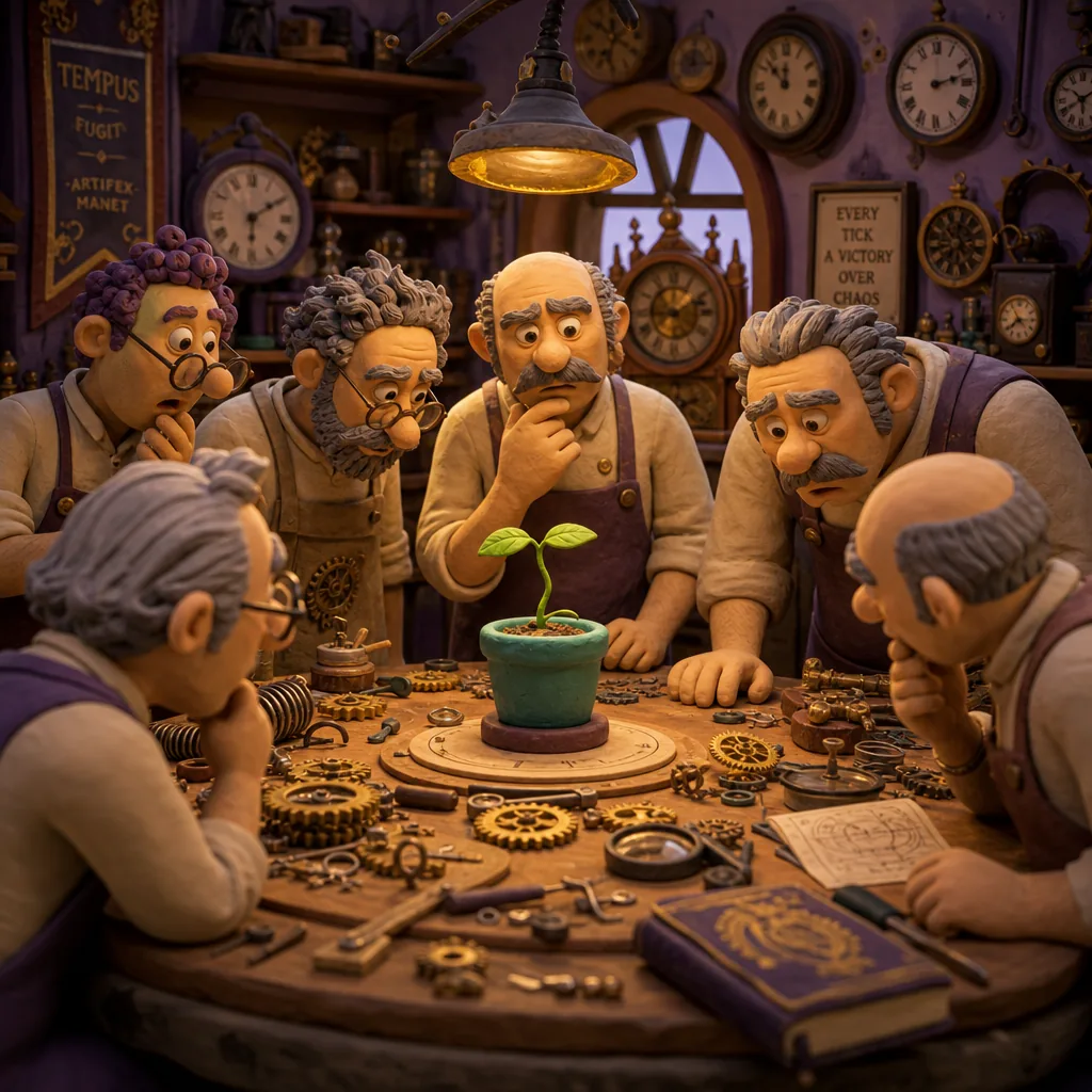 Master clockmakers, handed a seedling.