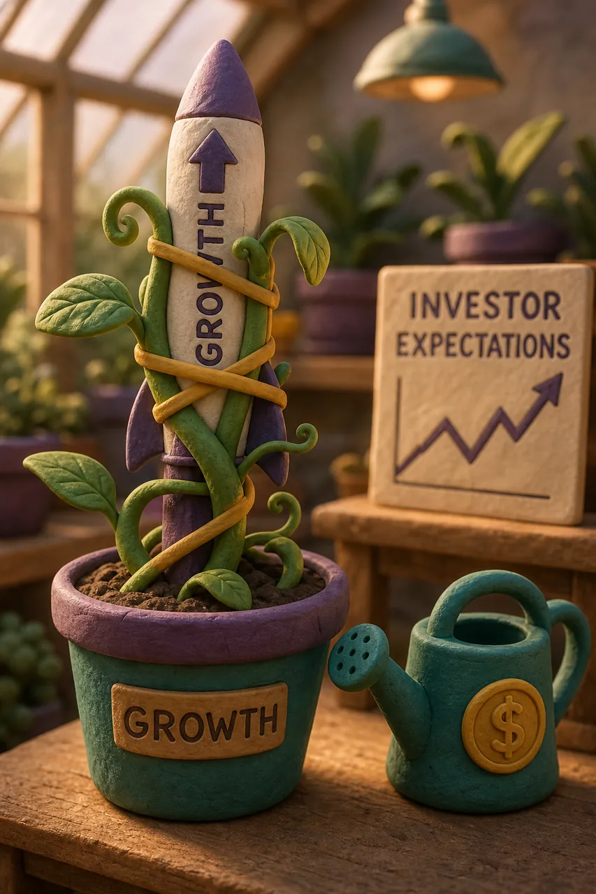 A naturally winding plant, strapped to a rocket-shaped stake.