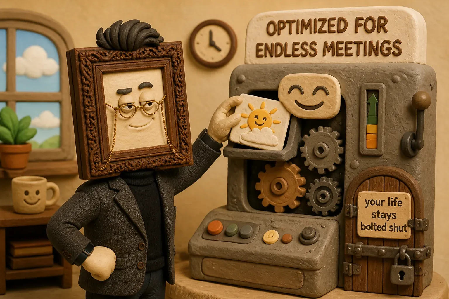 Gus feeds another morning into the beautiful meeting-machine. The little door marked "your life" stays bolted shut.