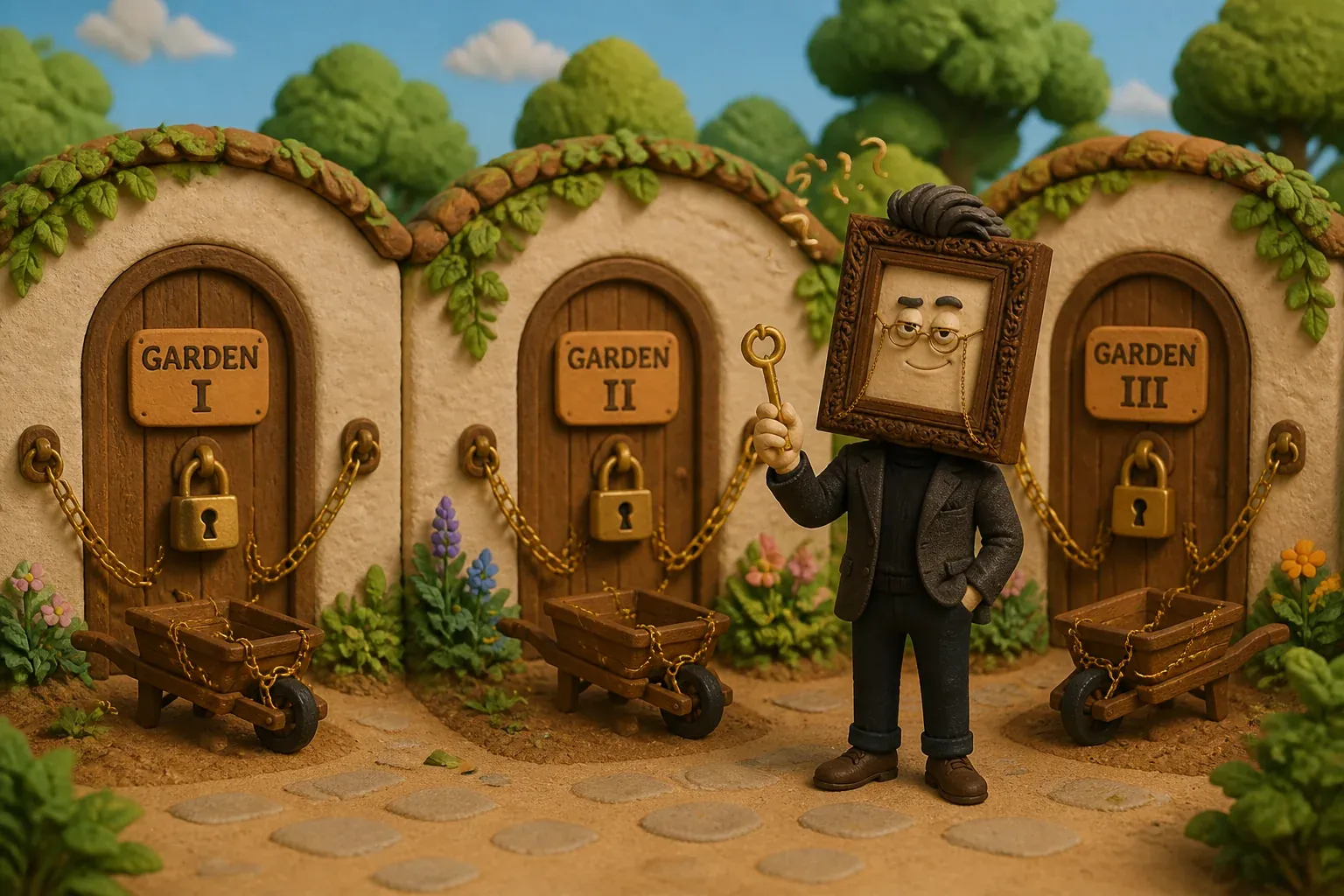 Three perfect walled gardens, one chained wheelbarrow. Gus holds a key that fits none of them.