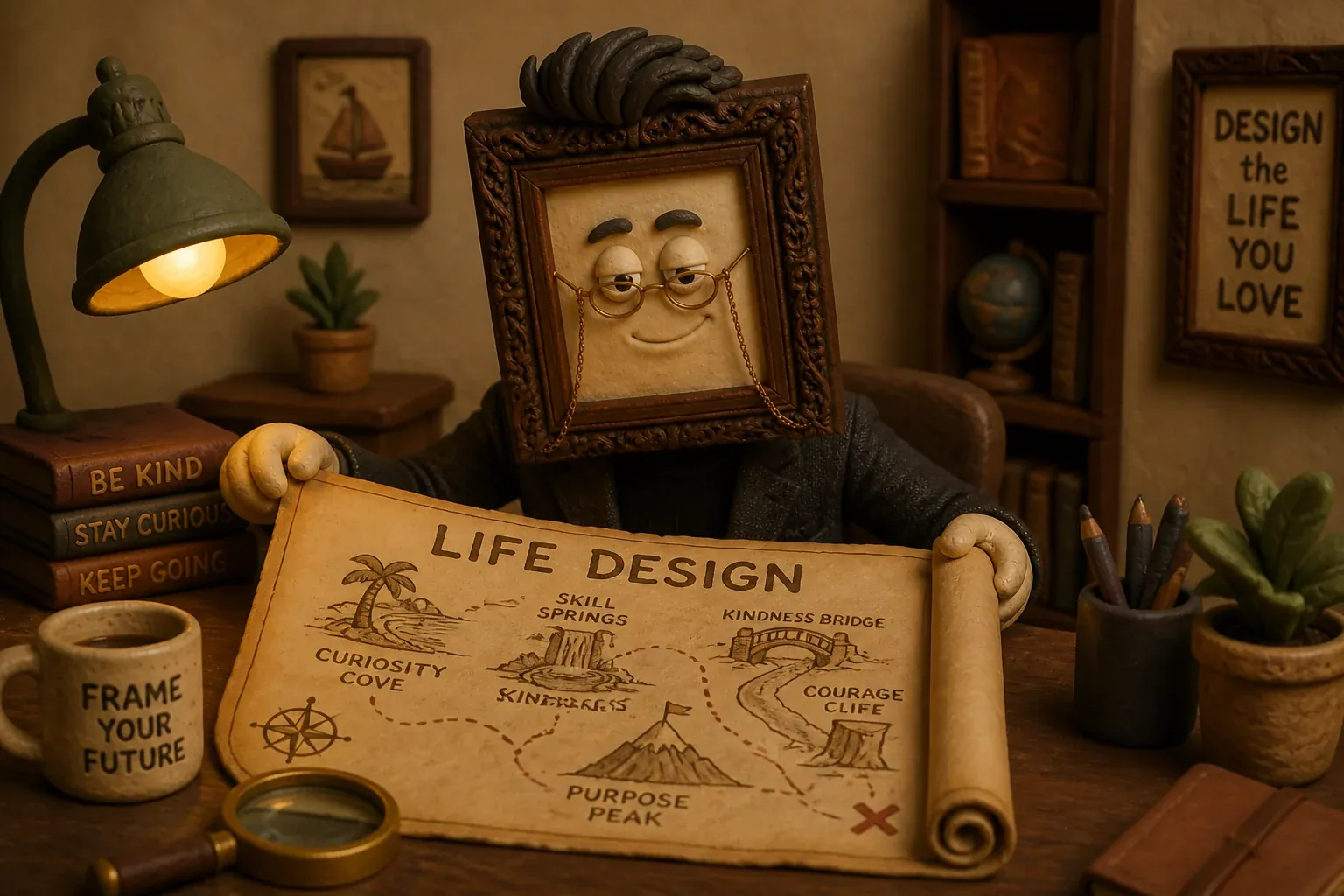 Gus unrolls a hand-drawn map marked "Life Design." For the first time in forty tools, he leans in.