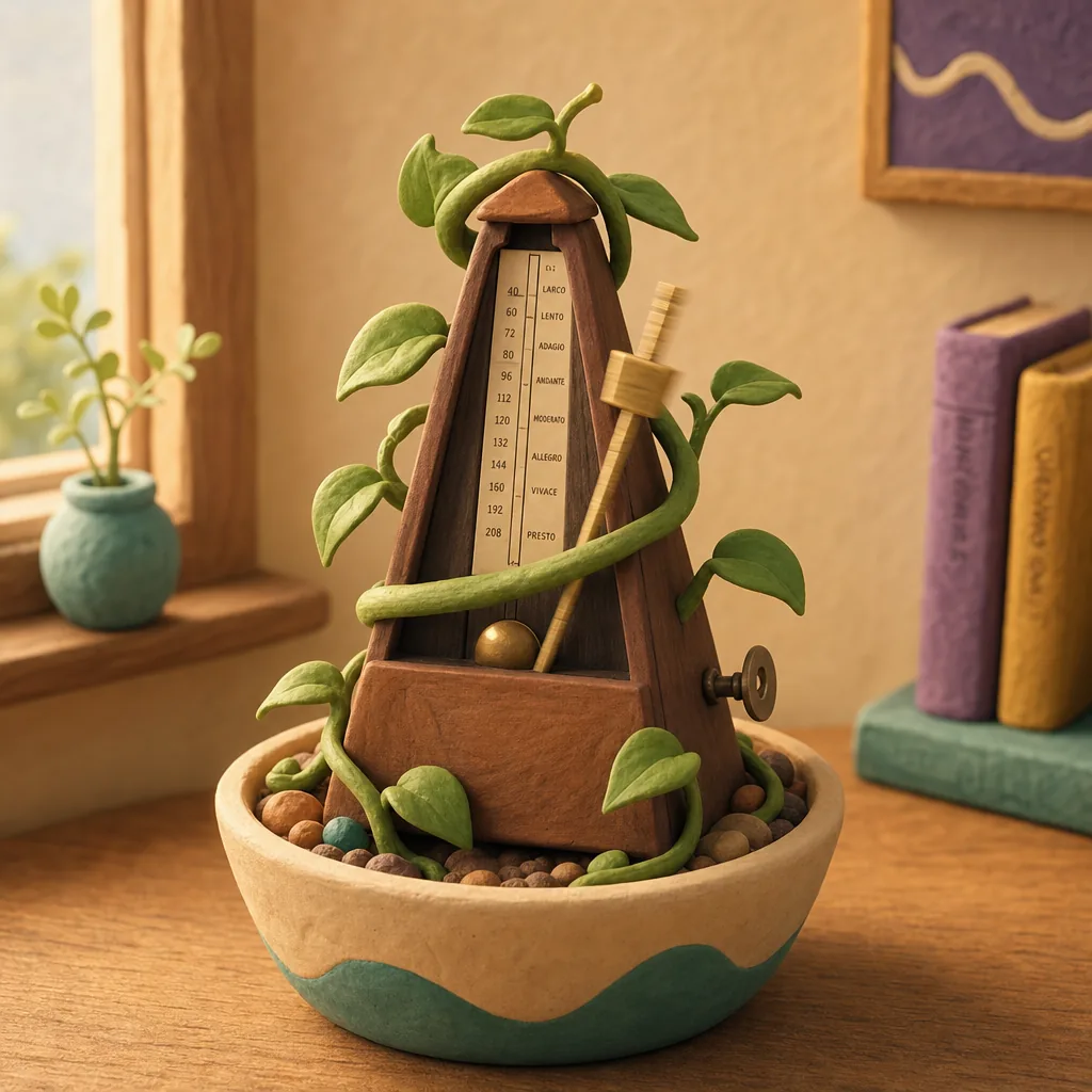 The vine and the metronome, thriving in one pot.