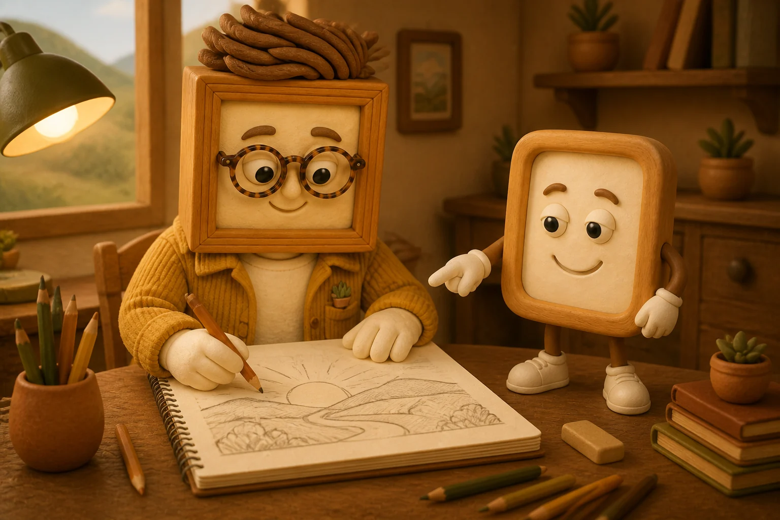 Frank sketches tomorrow like a landscape, not a list. And this little fellow, Framesy, has been waiting to help.