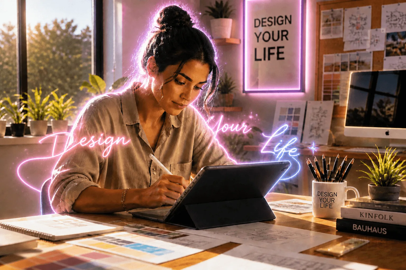 A designer sketching her day, neon Design Your Life glow