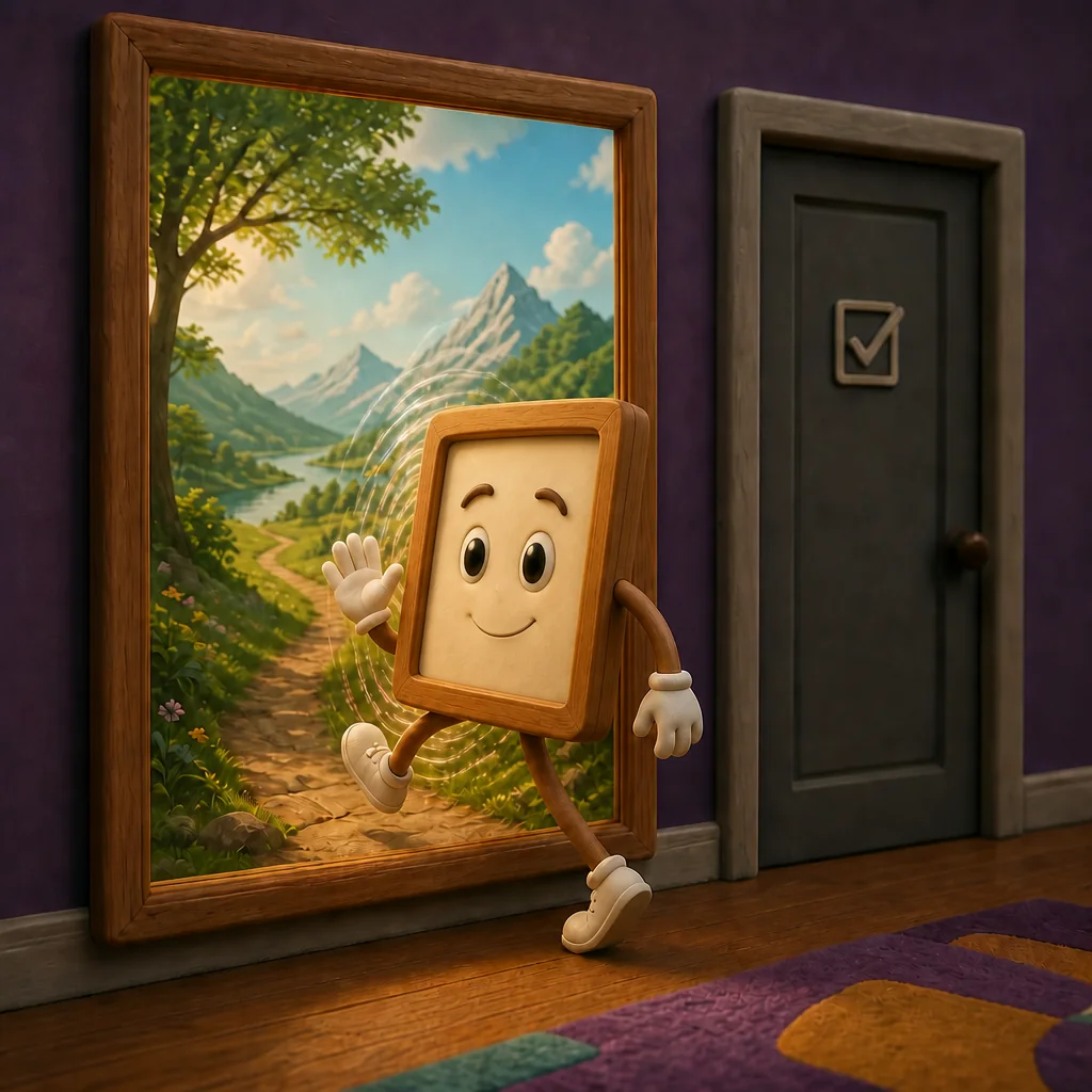 A Frame character stepping through a doorway into a glowing picture of a life