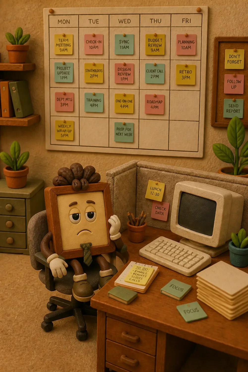Otis at his cubicle desk facing a wall calendar full of meetings