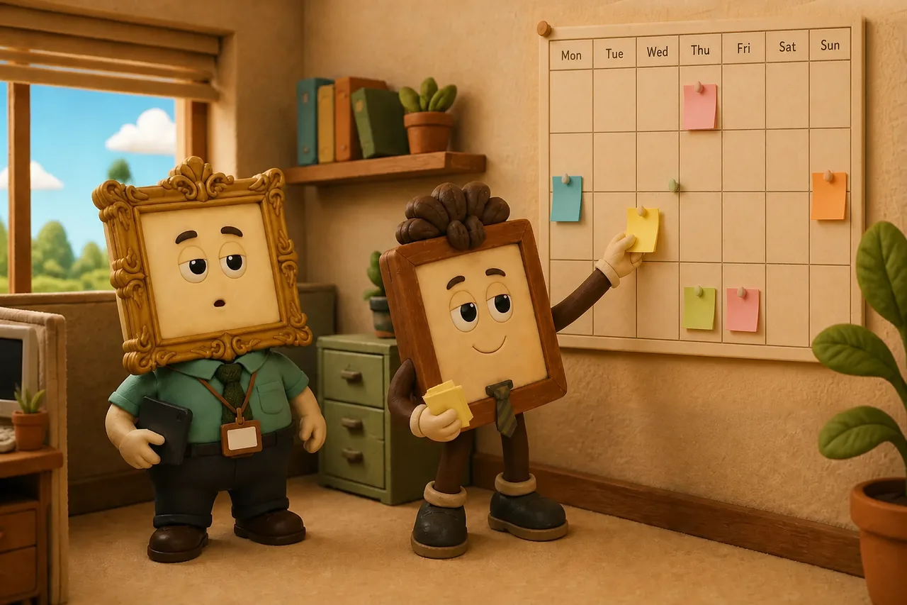 Otis placing his own note on the calendar while Dash watches