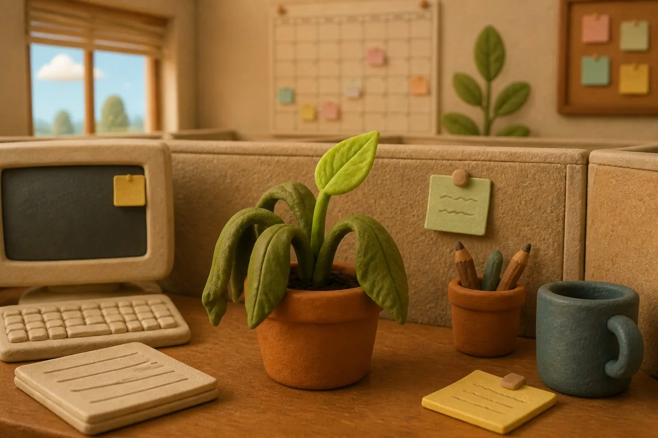 The wilting office plant putting out a single bright new leaf