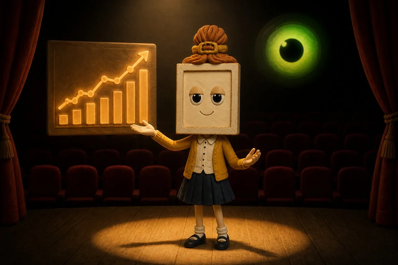 The office reimagined as a theater, Wren performing productivity on a spotlit stage