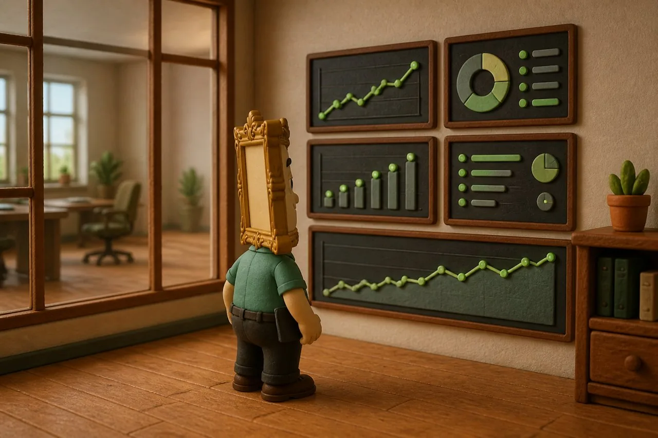 Dash gazing happily at a wall of dashboards full of green dots