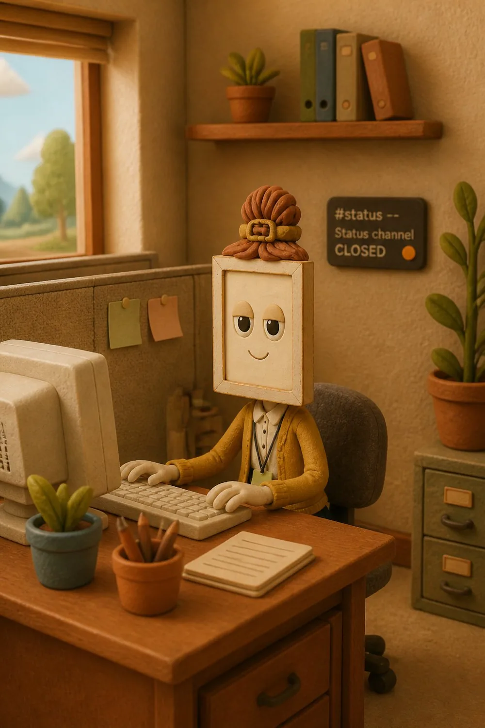 Wren working quietly with the status channel closed and her dot amber