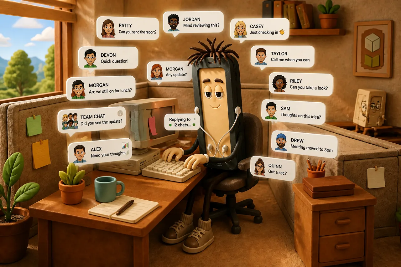 Bex mid-reply to a dozen chats at once