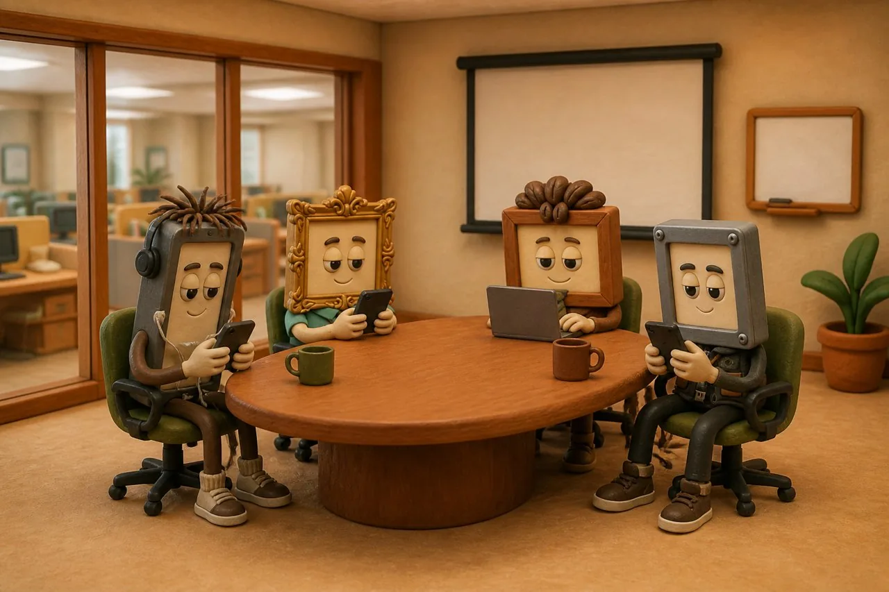 Bex, Dash, Otis and Ada in a meeting, all on their own devices