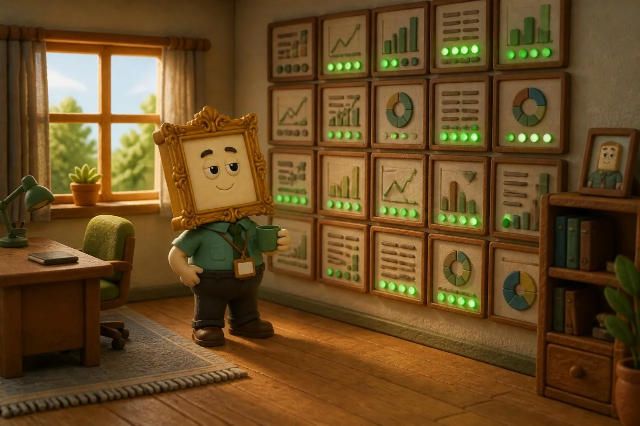 Dash gazing contentedly at his wall of green dashboards