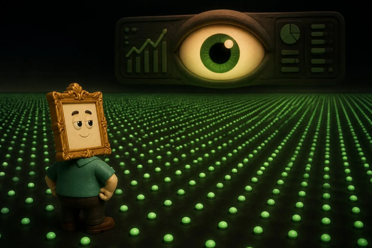 The office as an endless grid of green dots watched by a giant eye