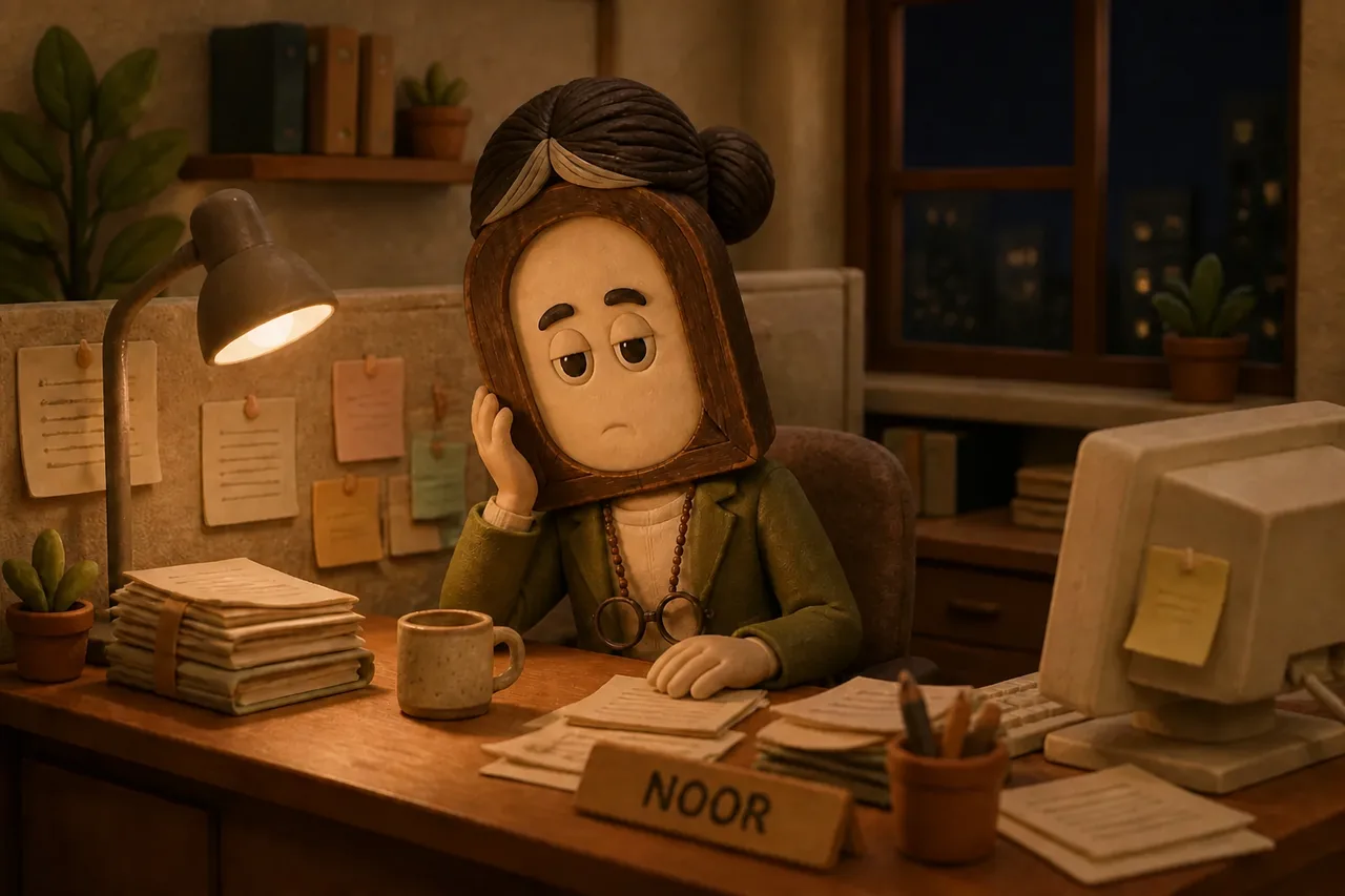 Noor alone at her desk late in the evening, running on empty